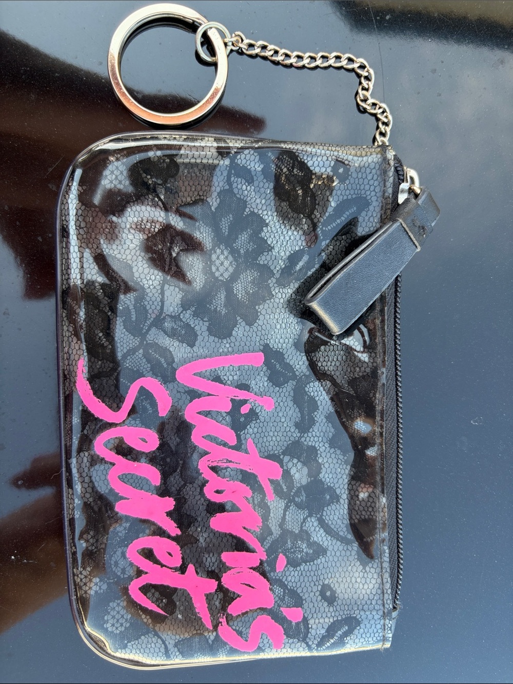 Victoria's Secret Black Lace-Print Phone Pouch with Hot Pink Script Logo